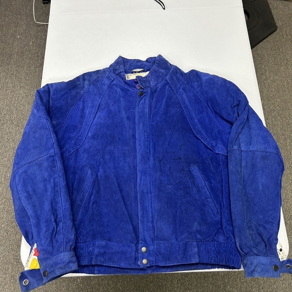 Fidelity Leathers Suede Bomber Jacket Mens 44 Blue Vintage Geometric Lining